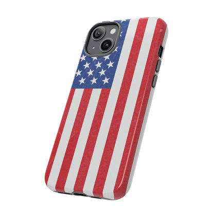American flag tough phone case for iPhone and Samsung, patriotic protective cover with bold flag design by Printify.
