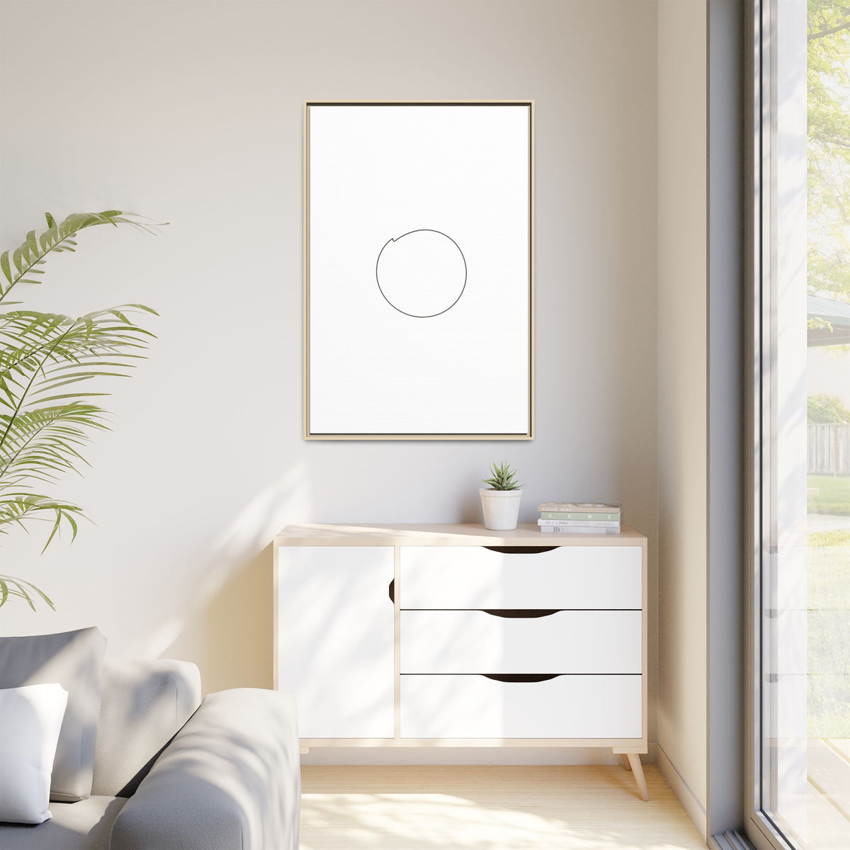 Framed matte canvas wall art featuring a minimal circular line design, by Printify, perfect for modern interior decor.