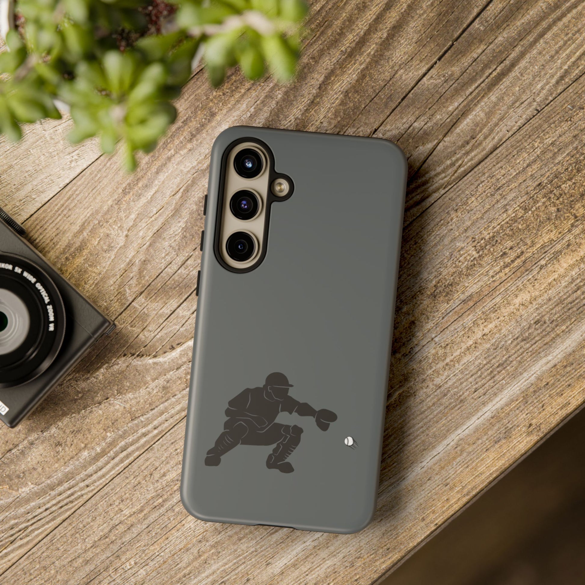 Printify baseball catcher phone case, tough protective cover with baseball glove and ball design for smartphones.