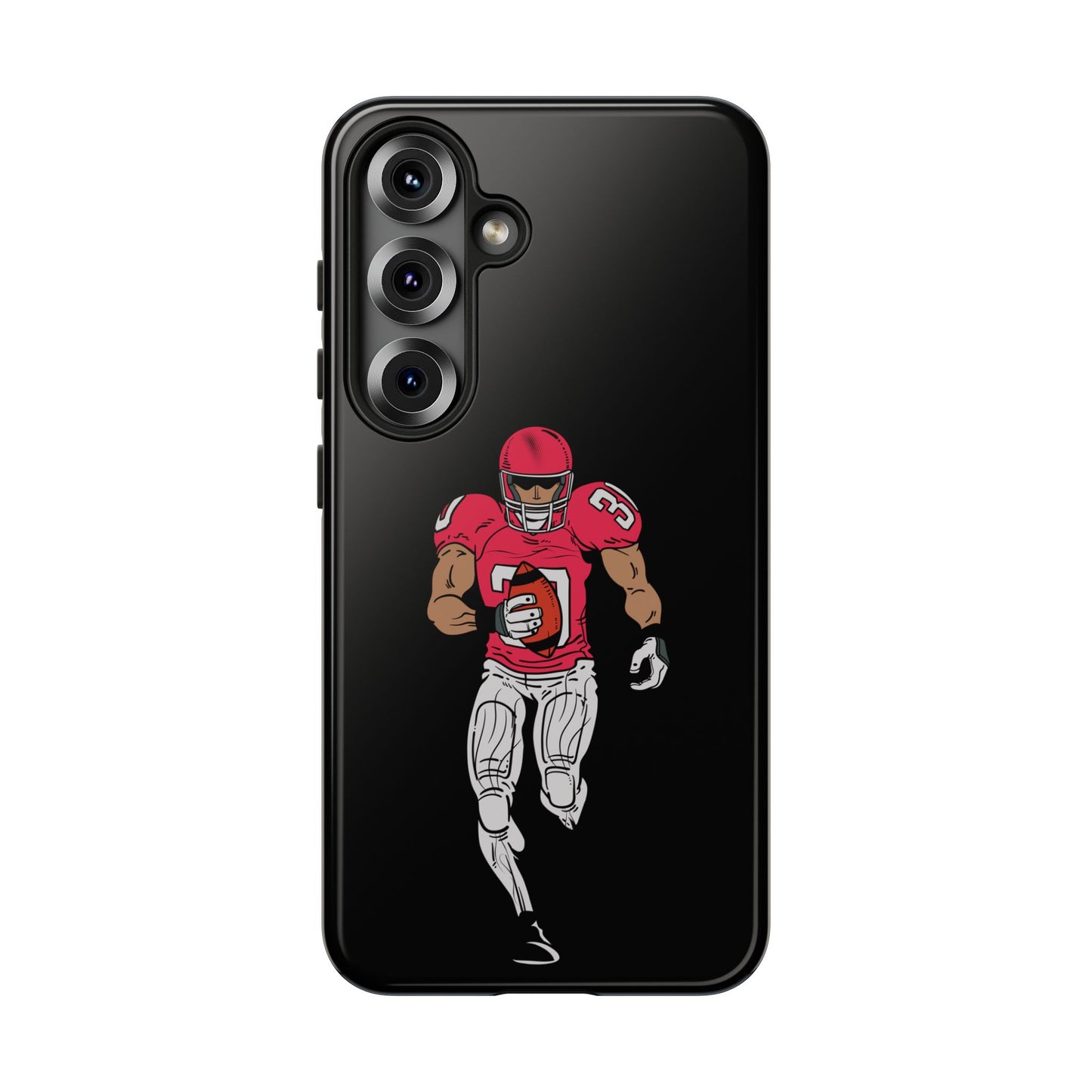 Black football player tough phone case for iPhone, protective sports design by Printify, featuring athletic-themed artwork.
