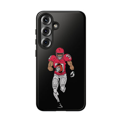 Black football player tough phone case for iPhone, protective sports design by Printify, featuring athletic-themed artwork.