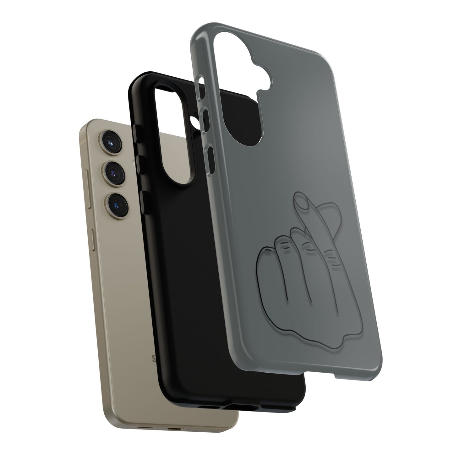 Silicone phone case with embossed Korean finger heart design, compatible with smartphones, by Printify.