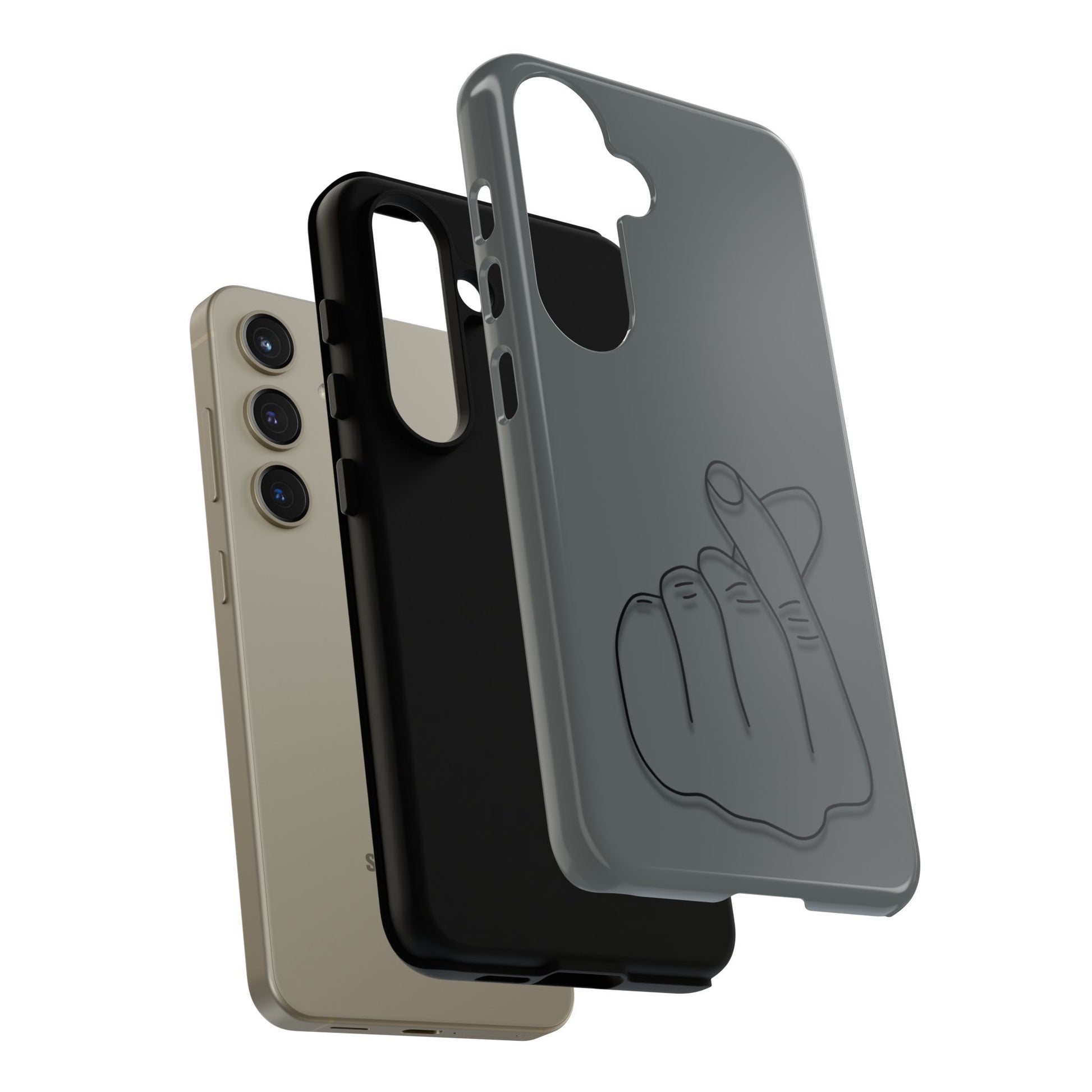 Silicone phone case with embossed Korean finger heart design, compatible with smartphones, by Printify.