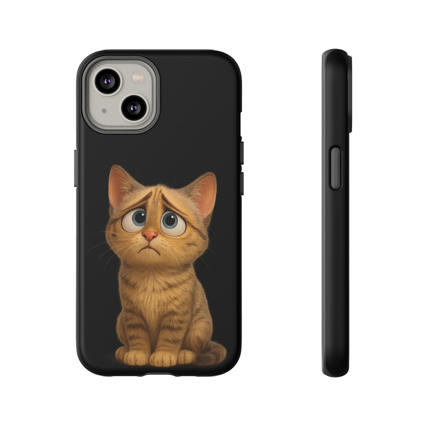 Cute sad kitty print phone case for iPhone by Printify, featuring a protective design with a sad cat illustration.