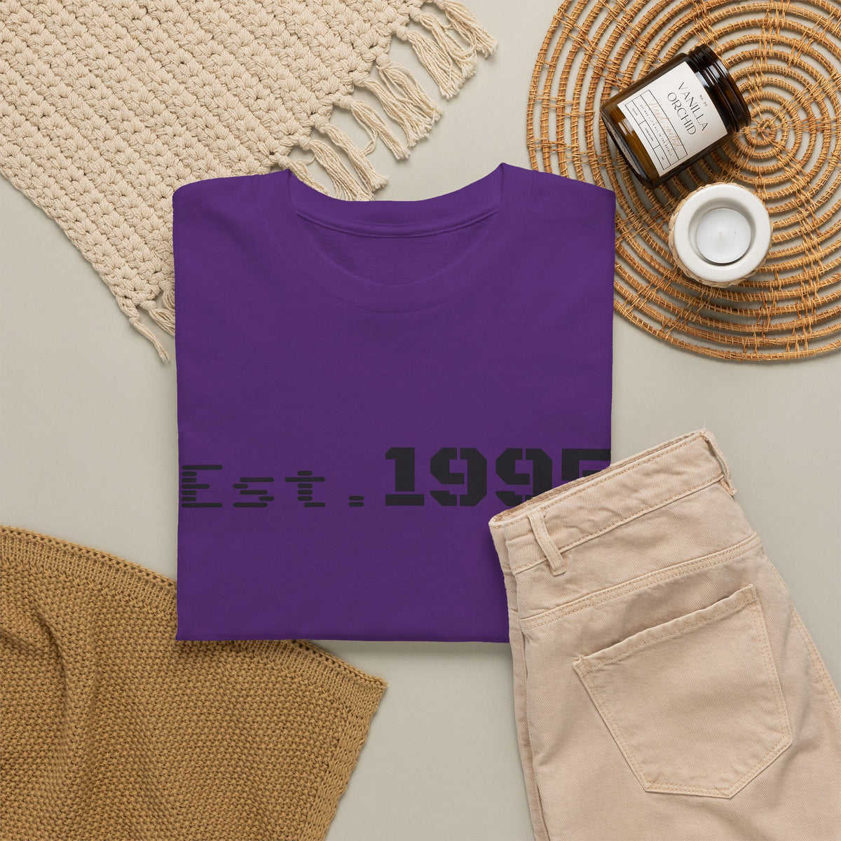 Vintage beige Est. 1995 T-shirt by Printify featuring minimalist birthday design, suitable for birthdays or casual wear.