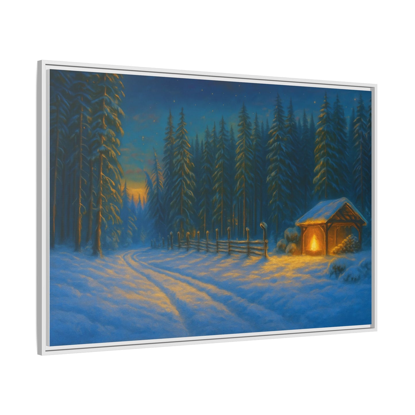 Cozy winter cabin matte framed canvas wall art featuring a snowy forest scene during evening, suitable for winter home decor.