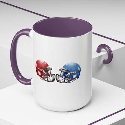 Football Helmet Coffee Mug — Red vs Blue Rivalry Accent Mug (11/15oz)
