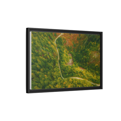 Framed matte canvas wall art featuring a colorful aerial forest path landscape by Printify, perfect for nature-inspired decor.