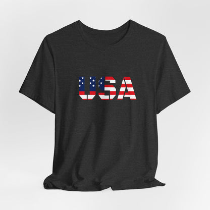 USA flag patriotic T-shirt by Printify featuring a bold American flag design for Fourth of July celebrations.