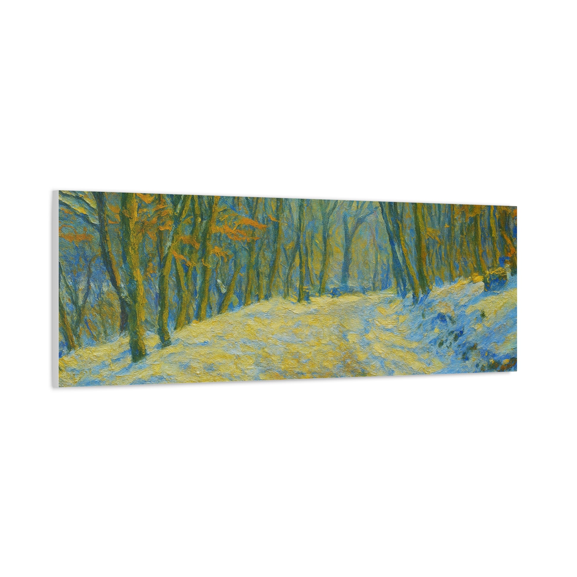 Winter landscape canvas wall art by Printify featuring a cozy nature scene, perfect for living room decor.