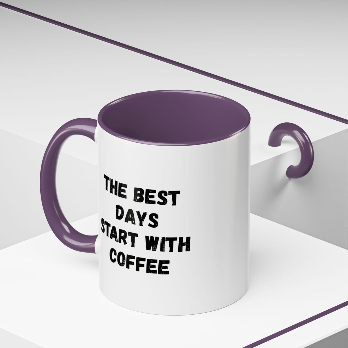 Ceramic coffee mug with "The Best Days Start With Coffee" quote, 11oz, white with black lettering, ideal for morning beverages.