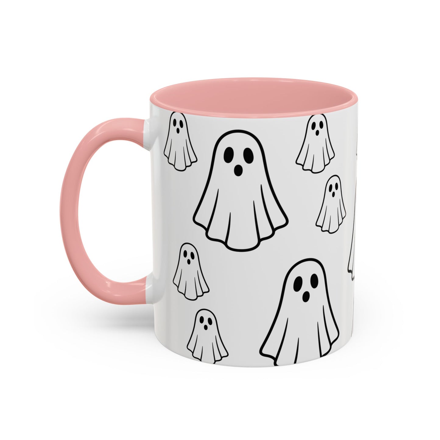 Printify ghost pattern ceramic coffee mug with Halloween-themed cute ghost design in 11oz and 15oz sizes.