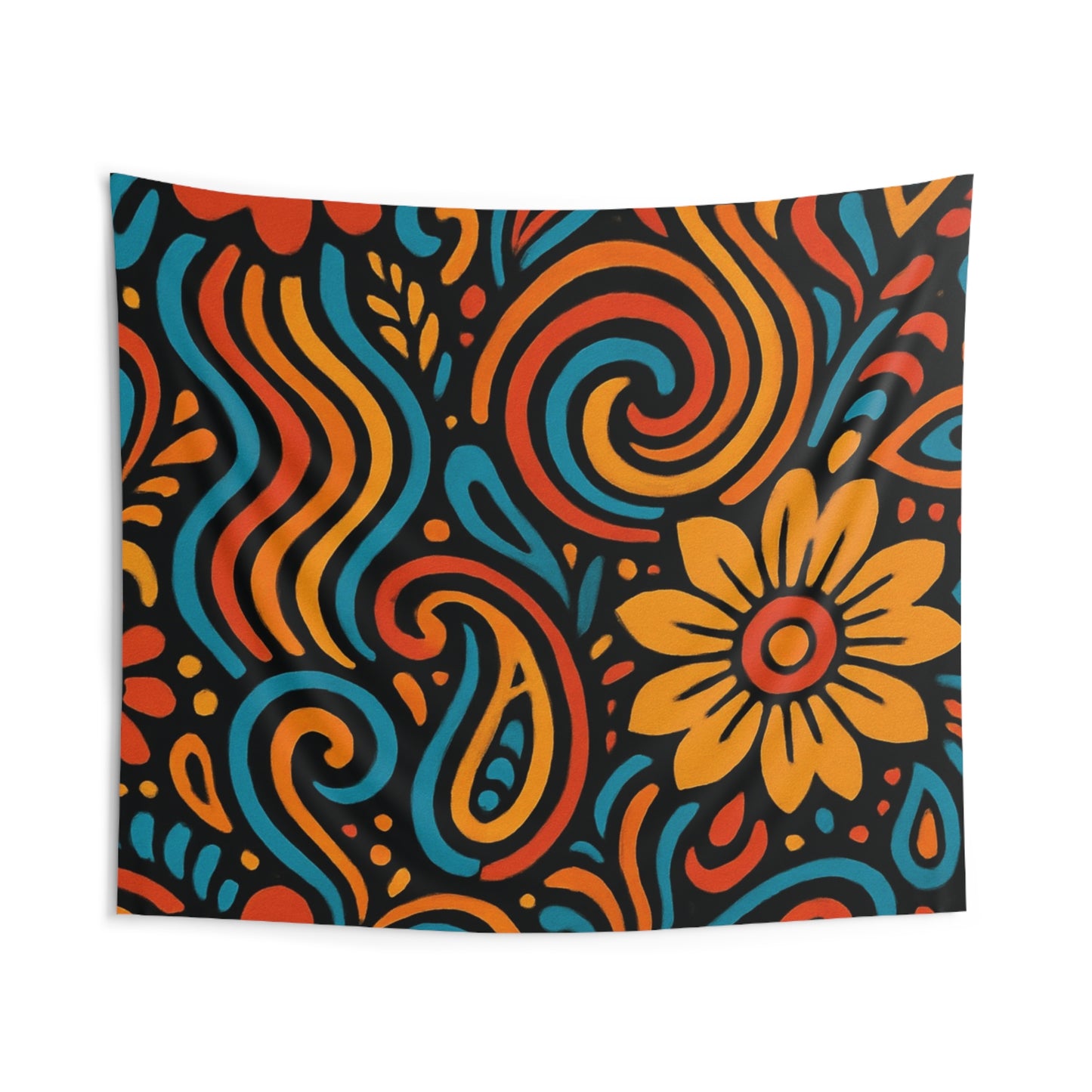 Boho Floral Tapestry — Retro Swirl Wall Hanging (Orange, Teal, Yellow)