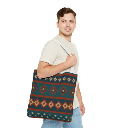 Southwestern diamond pattern tote bag with Aztec tribal geometric print, featuring sturdy straps and vibrant design.