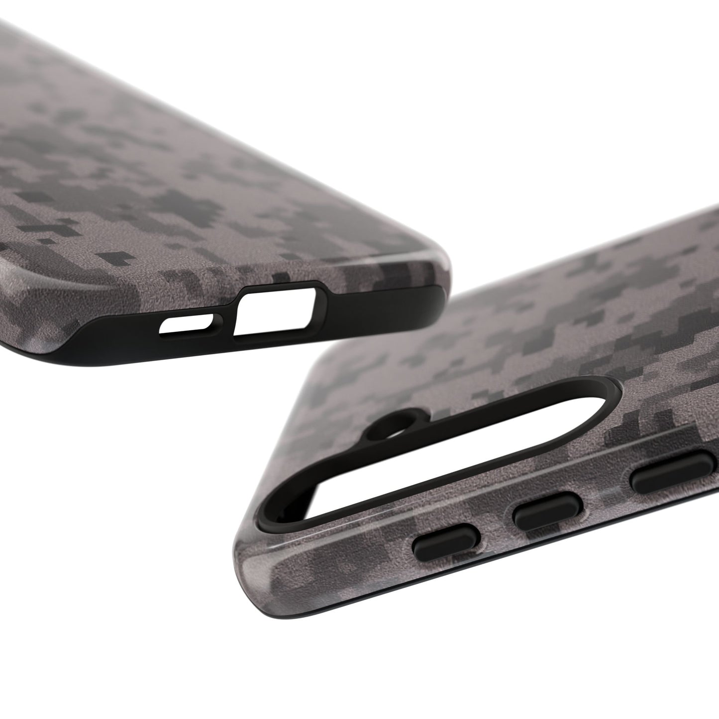 Gray digital camouflage phone case by Printify, tough protective cover for smartphones with a rugged camo design.