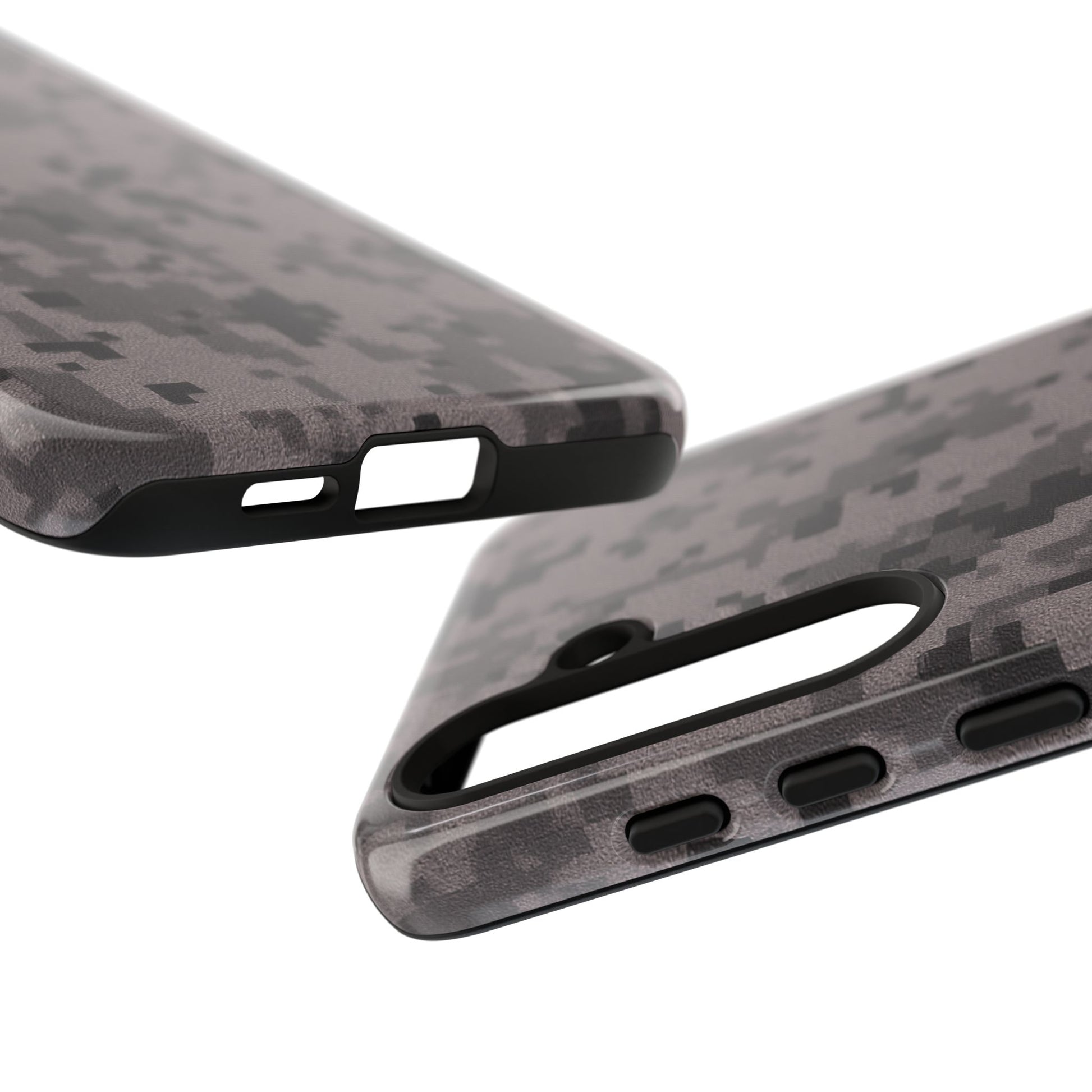Gray digital camouflage phone case by Printify, tough protective cover for smartphones with a rugged camo design.