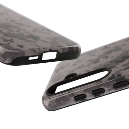 Gray digital camouflage phone case by Printify, tough protective cover for smartphones with a rugged camo design.