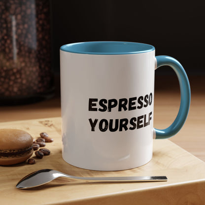 Printify Espresso Yourself coffee mug with humorous "Espresso Yourself" design, 11 oz ceramic mug for coffee lovers.