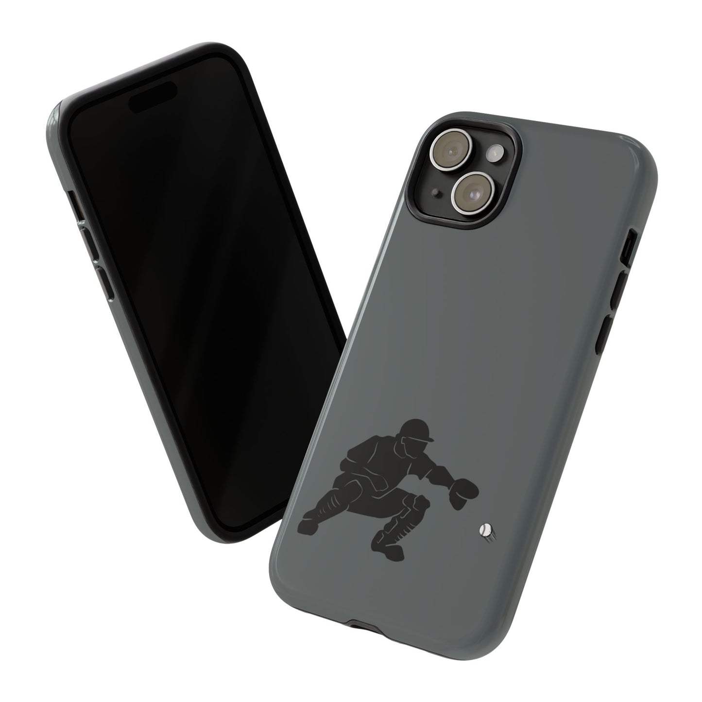 Printify baseball catcher phone case, tough protective cover in black with catcher glove and ball design for iPhone or Android.