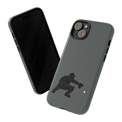 Printify baseball catcher phone case, tough protective cover in black with catcher glove and ball design for iPhone or Android.