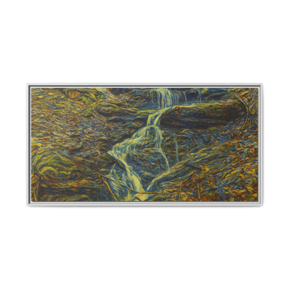 Framed matte canvas wall art featuring an autumn forest waterfall scene, showcasing vibrant fall colors and natural landscape.