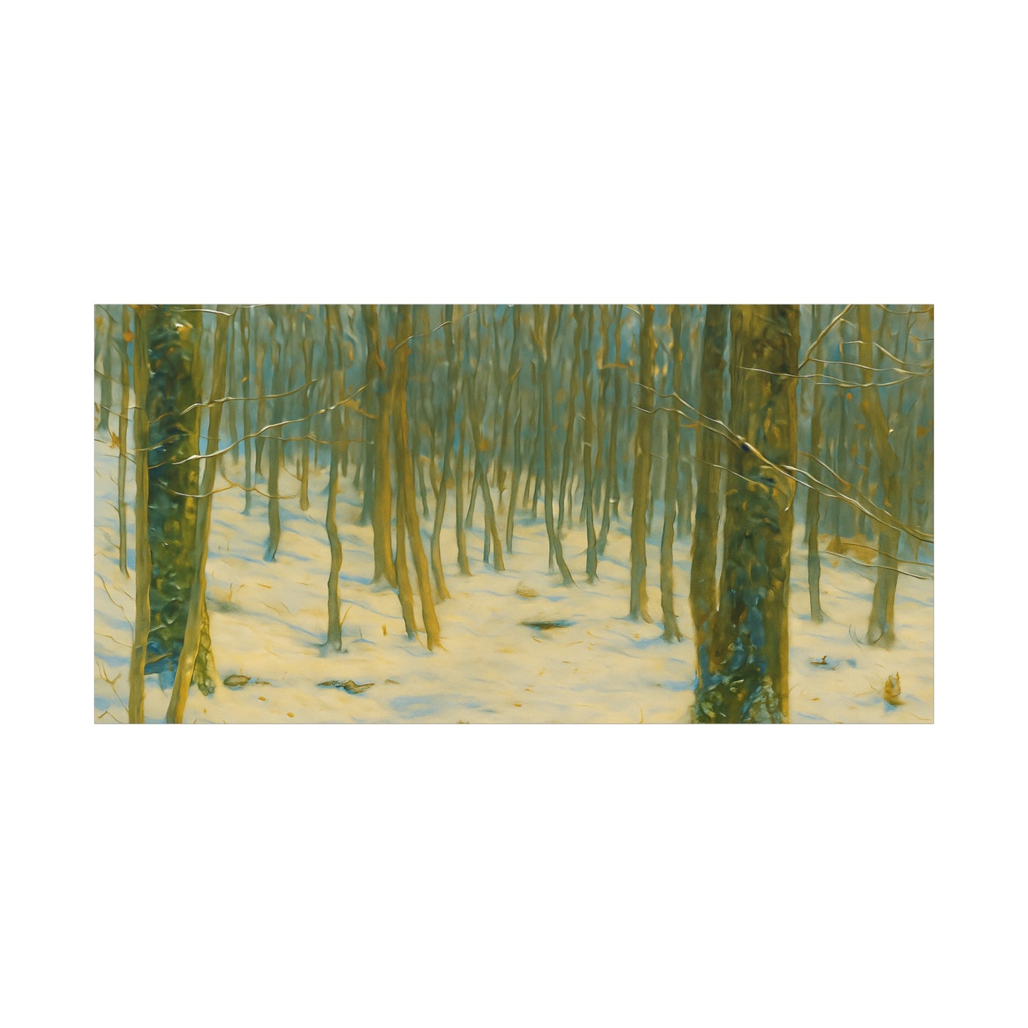 Snowy winter forest canvas print by Printify, featuring a snowy landscape with trees on a stretched matte canvas.
