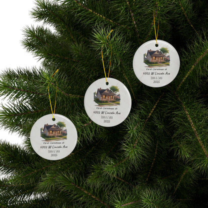 Personalized ceramic Christmas ornament with custom house illustration, address, and names on both sides, by Printify.