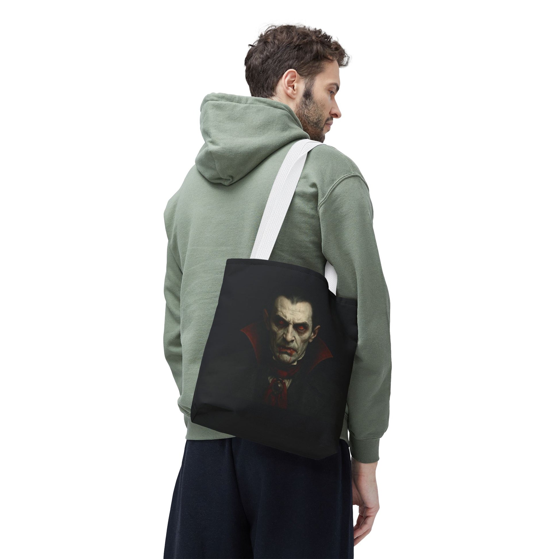 Vampire-themed gothic tote bag with spooky design, featuring a black bag with vampire imagery, ideal for Halloween accessories.