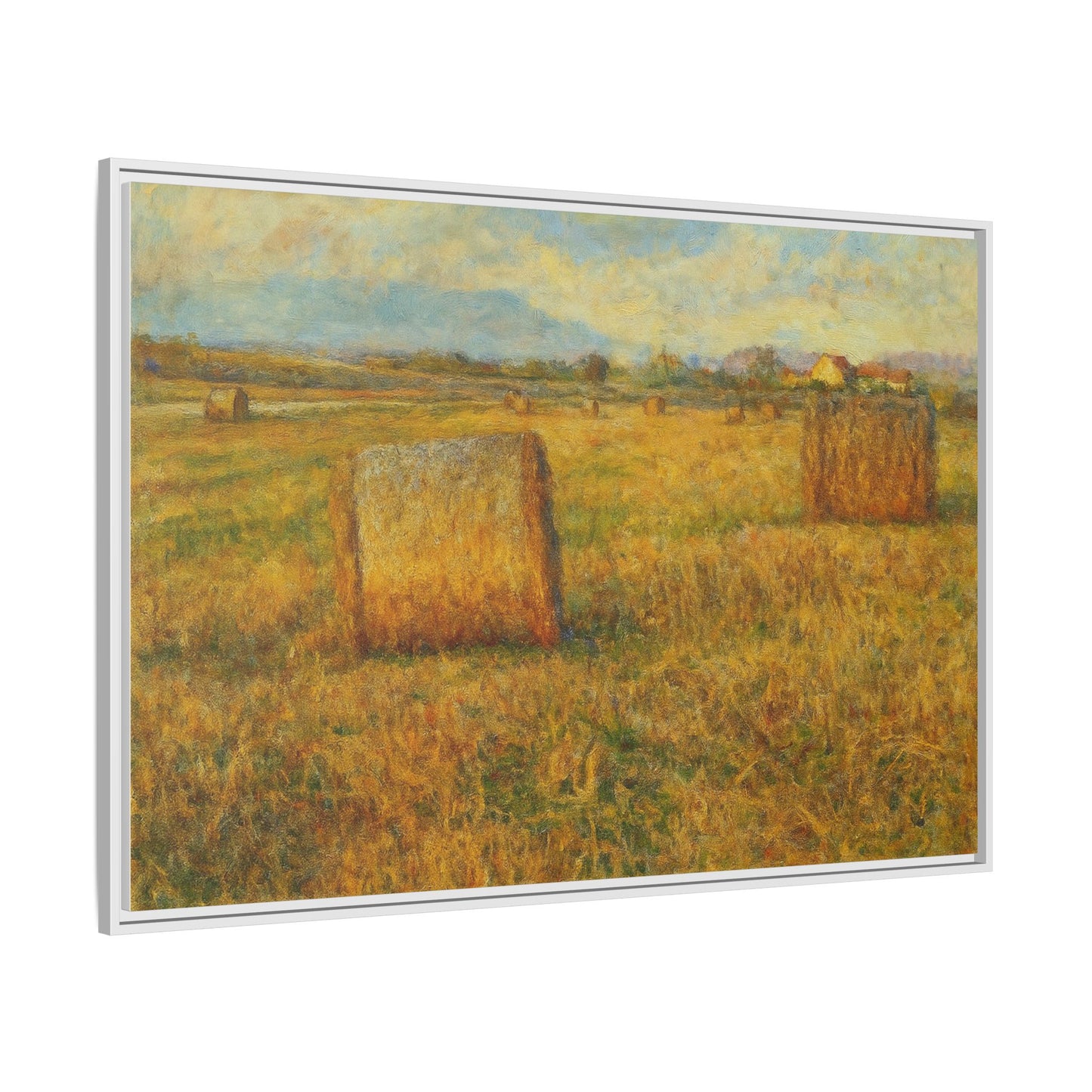 Framed matte canvas wall art of a rustic hayfield landscape print by Printify, showcasing natural countryside scenery.