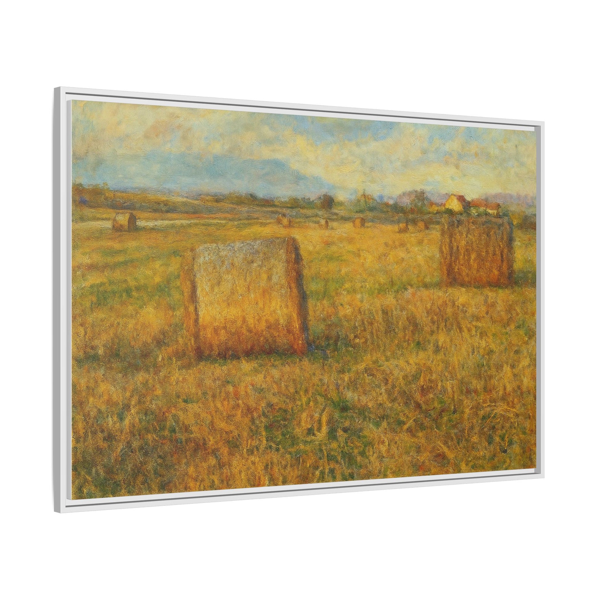 Framed matte canvas wall art of a rustic hayfield landscape print by Printify, showcasing natural countryside scenery.