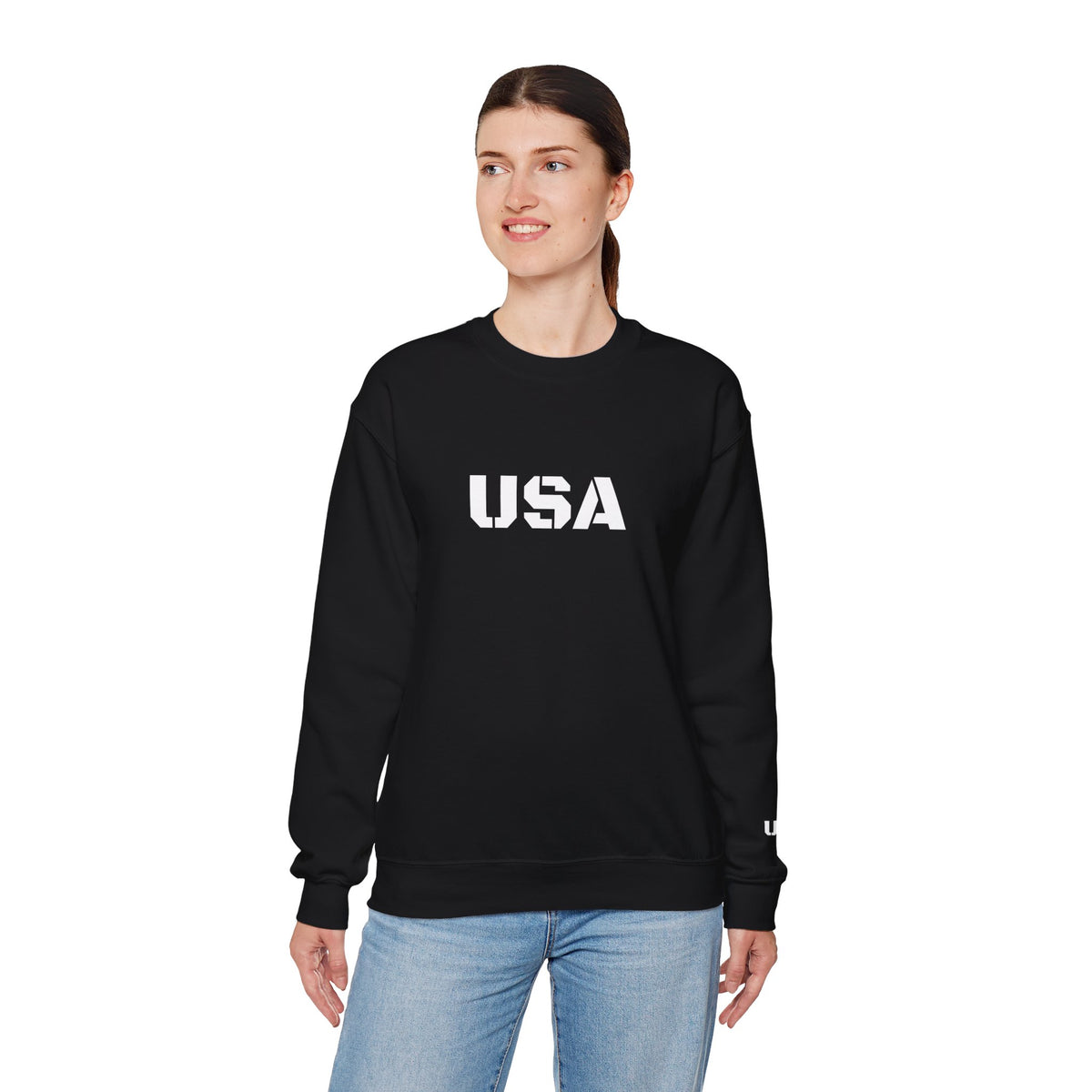 Printify USA crewneck sweatshirt with patriotic design, cozy fit, perfect for every season, featuring stars and stripes details.