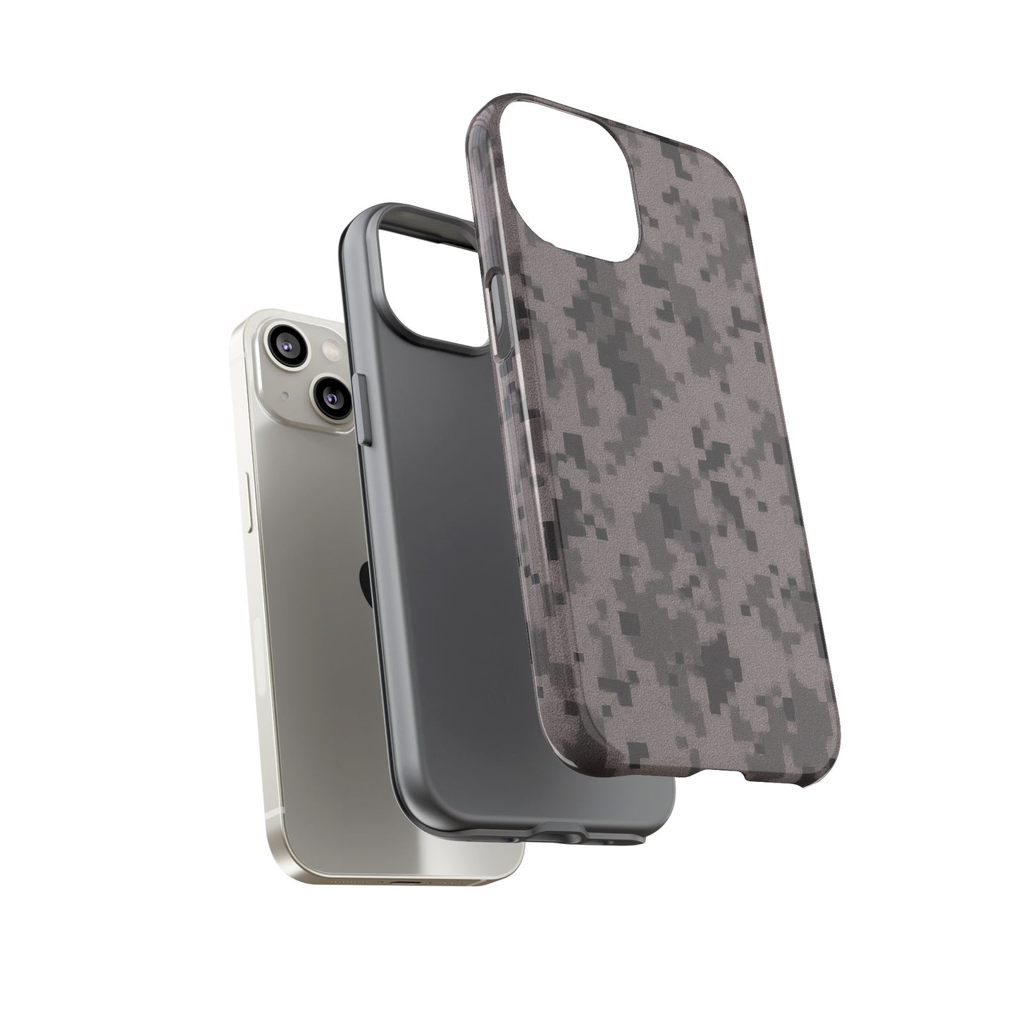 Gray digital camouflage phone case by Printify, showing a tough, protective cover designed for smartphones with a digital camo pattern.