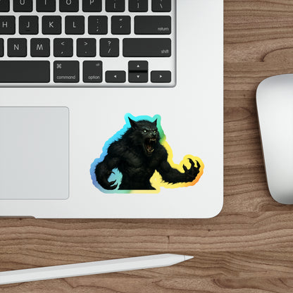 Holographic werewolf die-cut sticker with rainbow moonlight design, featuring a moonlit monster on shiny paper for decoration.