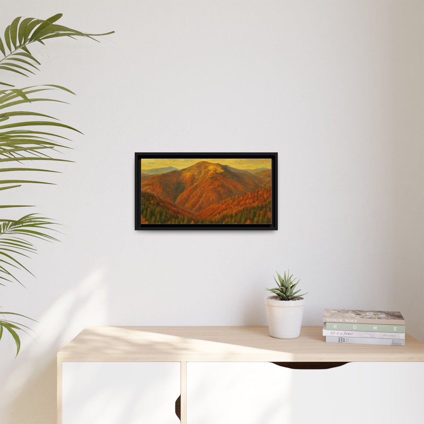 Autumn mountain matte canvas framed wall art by Printify showcasing a scenic mountain landscape in warm autumn colors.