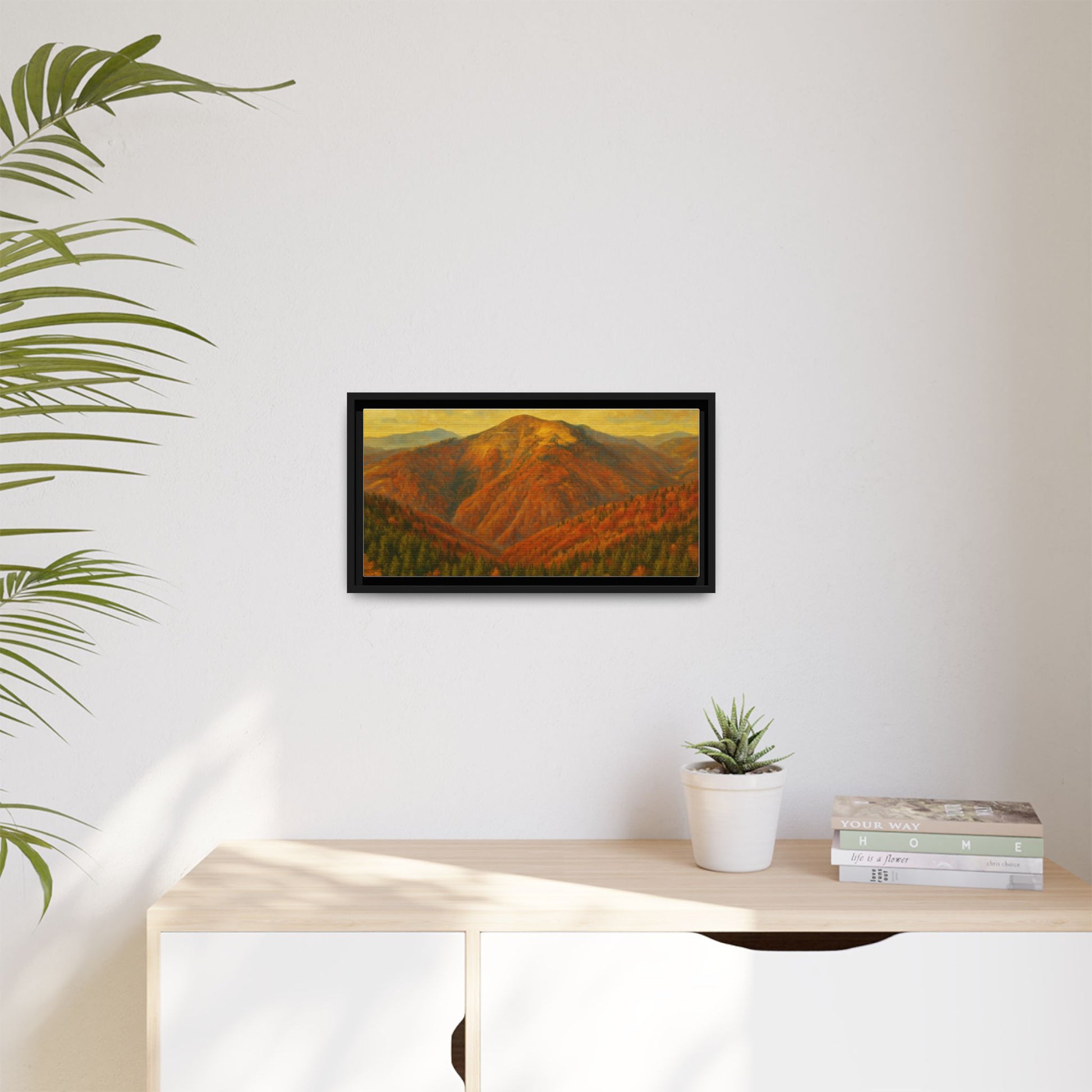 Autumn mountain matte canvas framed wall art by Printify showcasing a scenic mountain landscape in warm autumn colors.