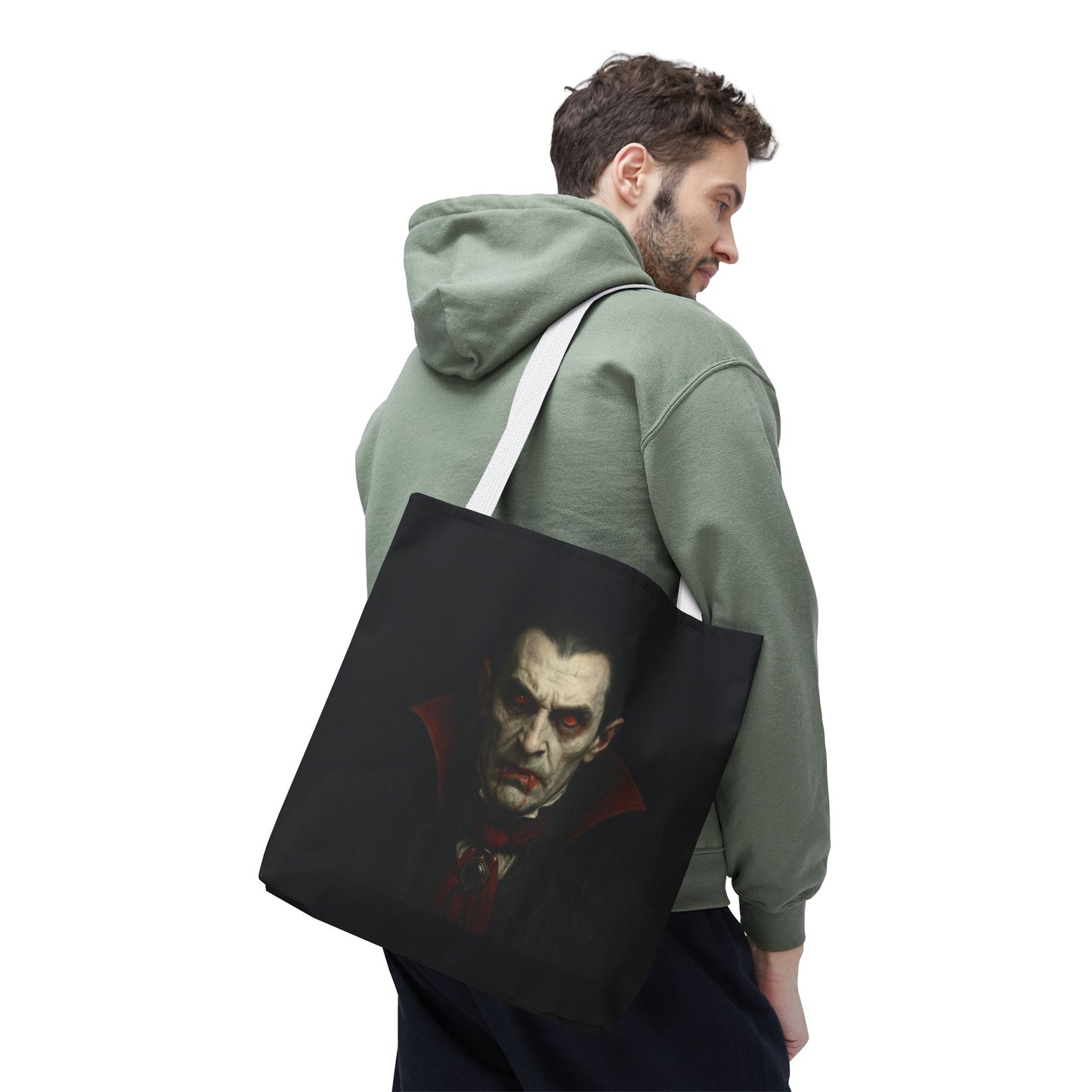 Black vampire-themed tote bag with spooky gothic design by Printify, perfect for Halloween accessories and gothic fashion.