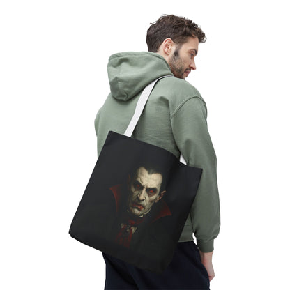 Black vampire-themed tote bag with spooky gothic design by Printify, perfect for Halloween accessories and gothic fashion.