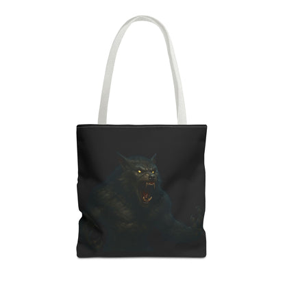 Werewolf tote bag featuring dark Halloween art, ideal for horror fans, made by Printify, with a spooky wolf design on durable bag material.