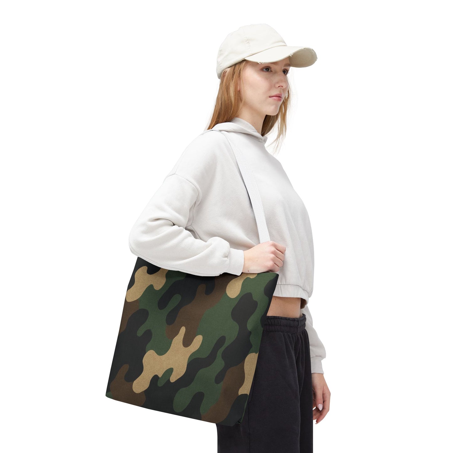 Camo pattern tote bag made of canvas with all-over print, designed for carrying essentials, by Printify.