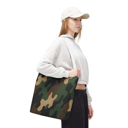 Camo pattern tote bag made of canvas with all-over print, designed for carrying essentials, by Printify.