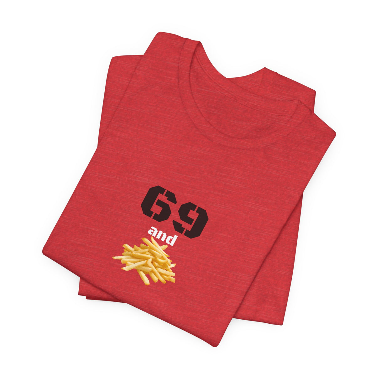 Unisex graphic T-shirt featuring a humorous 69 and French fries design, in black with colorful print, by Printify.