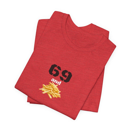 Unisex graphic T-shirt featuring a humorous 69 and French fries design, in black with colorful print, by Printify.