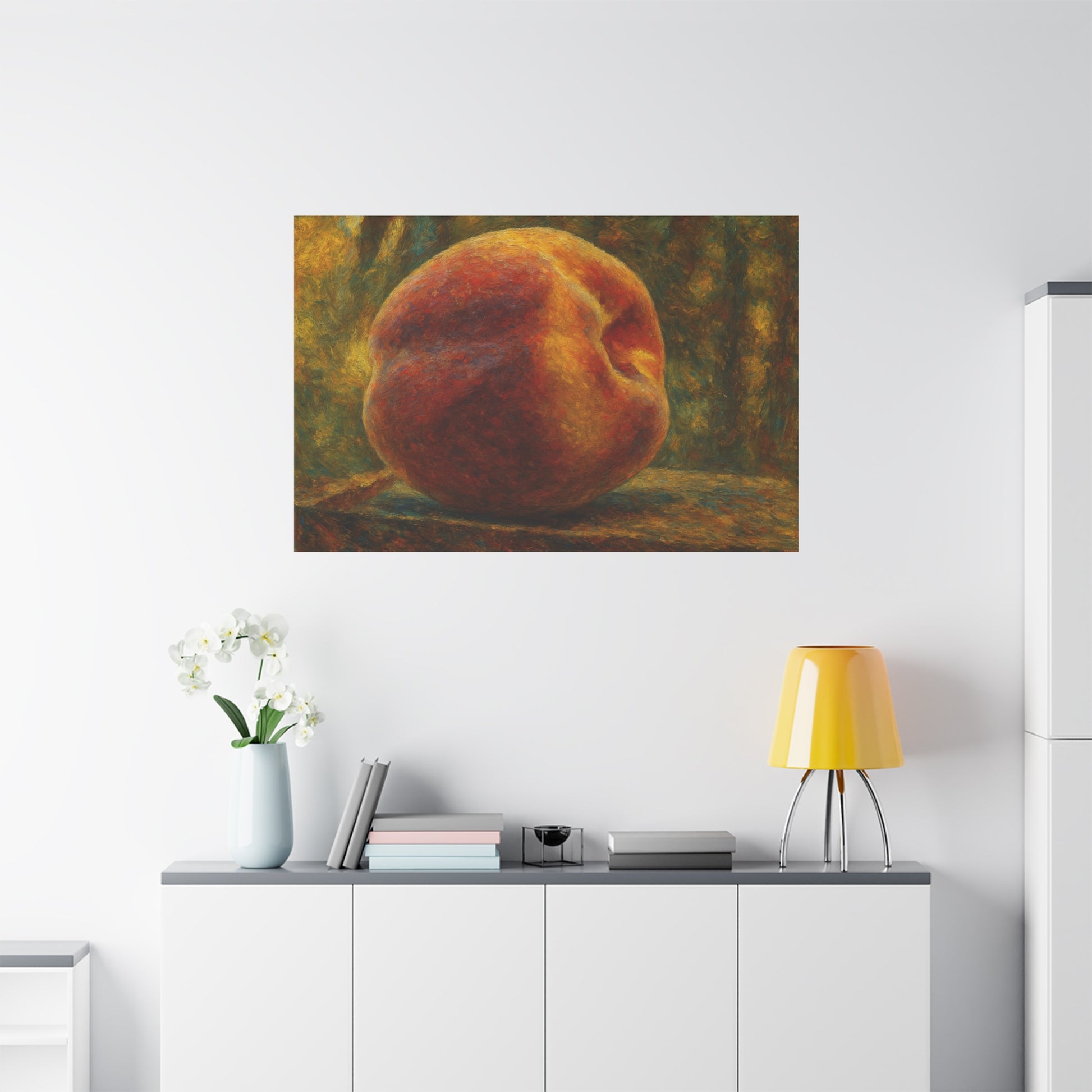 Peach still life matte canvas print by Printify, stretched 1.25-inch wall art featuring vibrant peach and floral design.