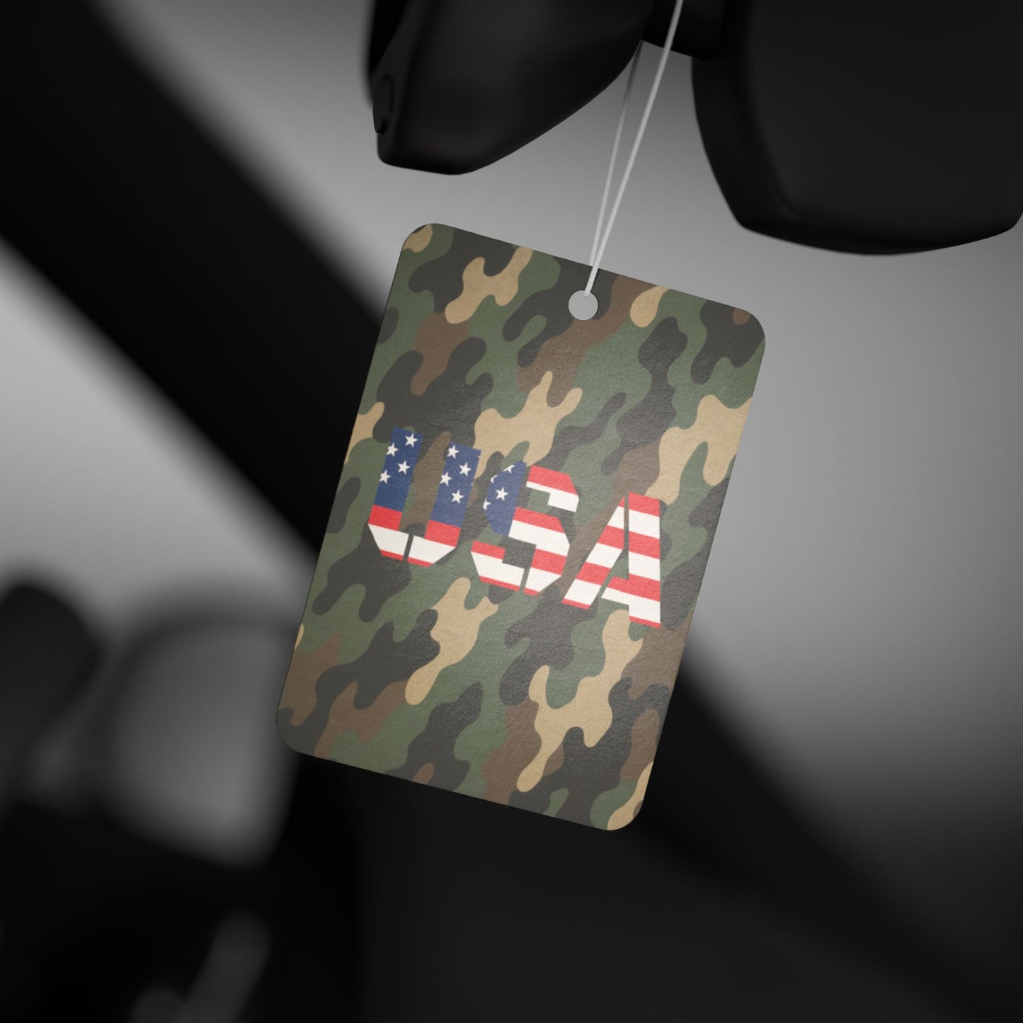 USA camo car air freshener with patriotic design, patriotic gift for veterans, accessory for vehicle interior.