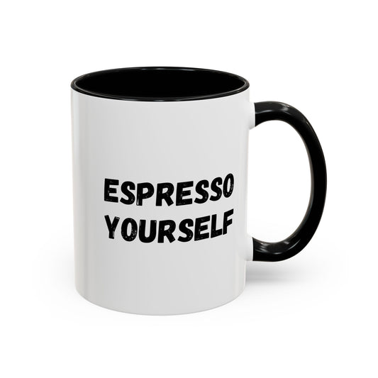 Black ceramic espresso mug with "Espresso Yourself" humorous quote for coffee lovers, 11 oz size.