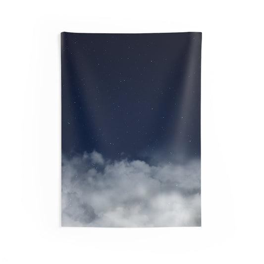 Starry blue night sky cloud tapestry for bedroom or meditation wall hanging, featuring celestial clouds and starry design.