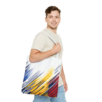 Abstract Brushstroke Tote Bag - Bold Red, Yellow & Blue All-Over Print
