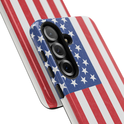 American flag tough phone case for iPhone and Samsung, patriotic protective cover with bold flag design by Printify