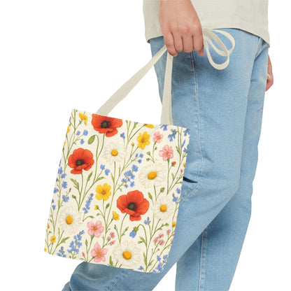 Wildflower Poppy print tote bag by Printify featuring a colorful floral all-over pattern on durable fabric.