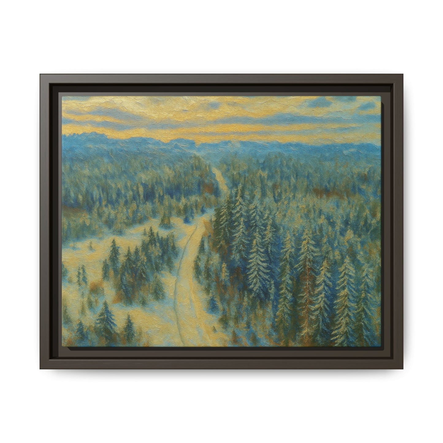 Framed matte canvas print of a serene winter forest landscape by Printify, showcasing snow-covered trees and peaceful scenery.